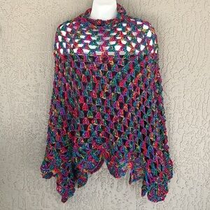 Handmade Multicolor Open Knit Crochet Poncho One Size